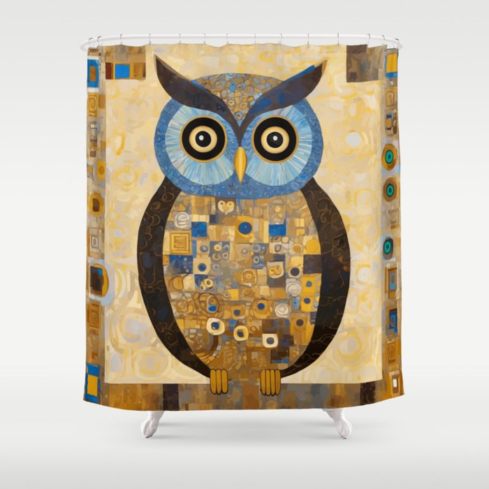 Gustav Klimt Style Blue and Gold Owl Shower Curtain Gallery Image 1