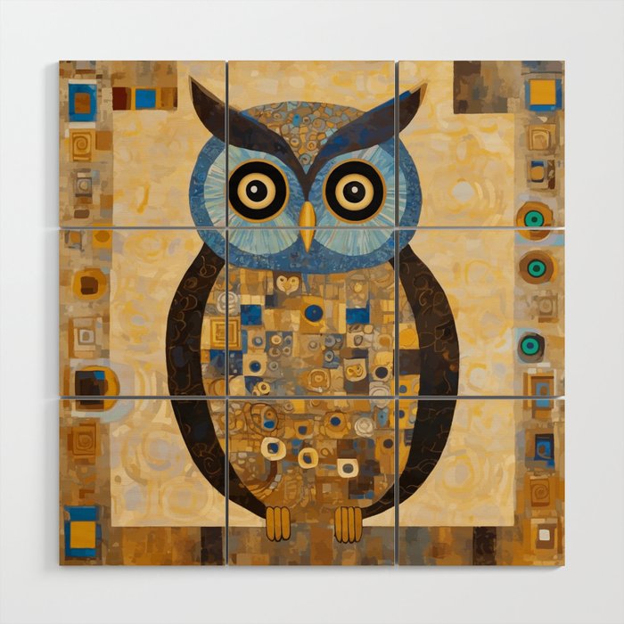 Gustav Klimt Style Blue and Gold Owl Wood Wall Art Gallery Image 1