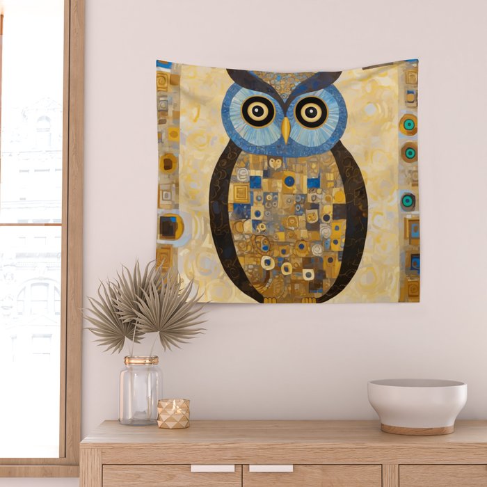 Gustav Klimt Style Blue and Gold Owl Wall Tapestry Gallery Image 2
