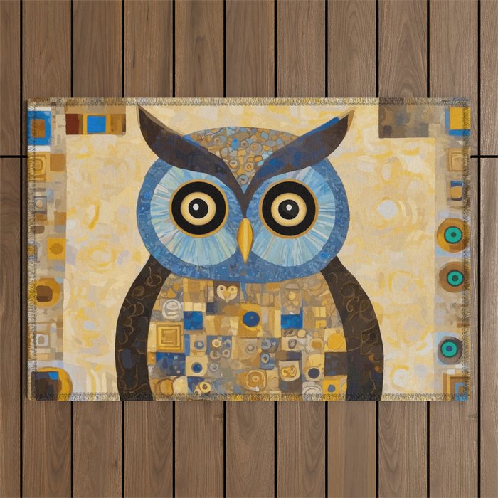 Gustav Klimt Style Blue and Gold Owl Outdoor Rug Gallery Image 1
