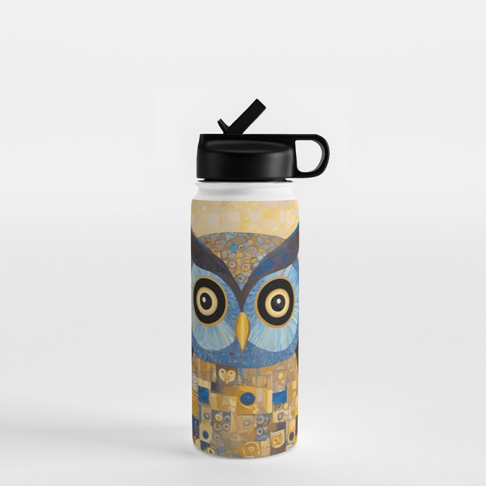 Gustav Klimt Style Blue and Gold Owl Water Bottle Gallery Image 1