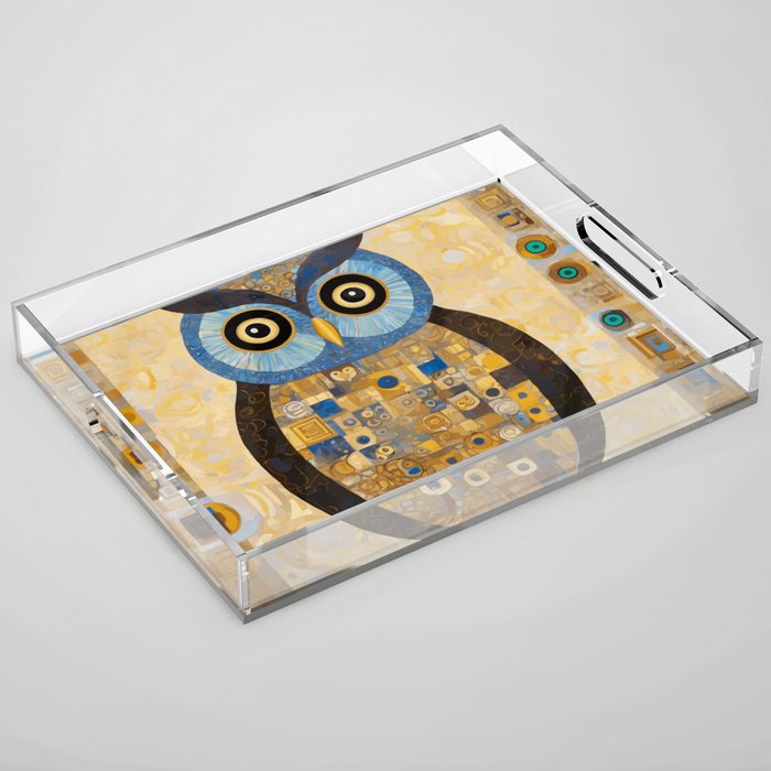 Gustav Klimt Style Blue and Gold Owl Acrylic Tray Gallery Image 1