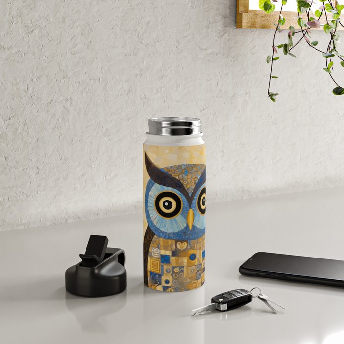 Gustav Klimt Style Blue and Gold Owl Water Bottle Gallery Image 4