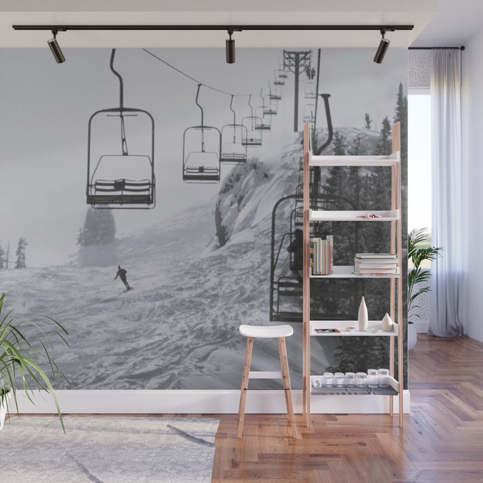 All the Lifts at Aspen Are Chairlifts. This One Is Going Up 11,800 Feet on Aspen Highlands Mountain, Highest Ski Area at Aspen, Colorado black and white photograph Wall Mural Gallery Image 1