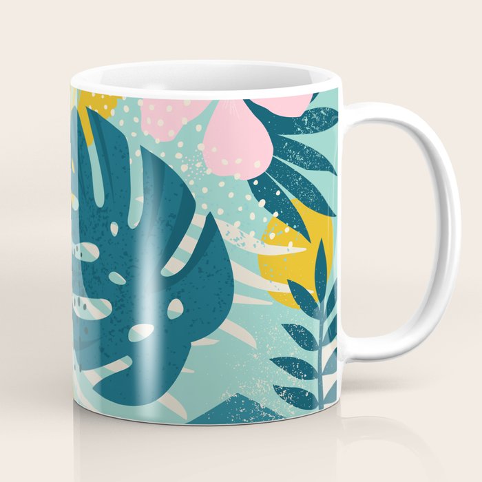 Tropical geometric flowers and plants on turquoise background Coffee Mug Gallery Image 1