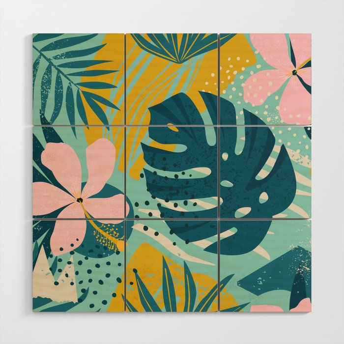 Tropical geometric flowers and plants on turquoise background Wood Wall Art Gallery Image 1