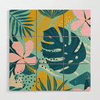 Tropical geometric flowers and plants on turquoise background Wood Wall Art Gallery Image 1