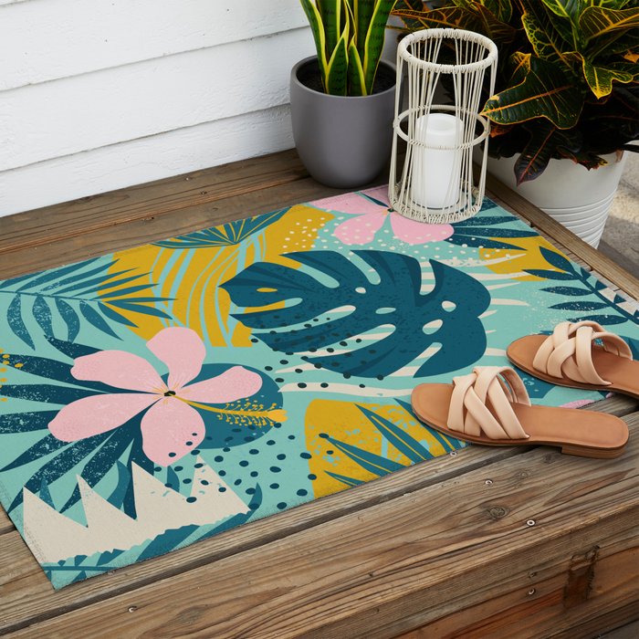 Tropical geometric flowers and plants on turquoise background Outdoor Rug Gallery Image 2