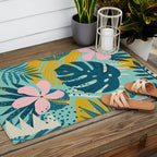 Tropical geometric flowers and plants on turquoise background Outdoor Rug Gallery Image 2