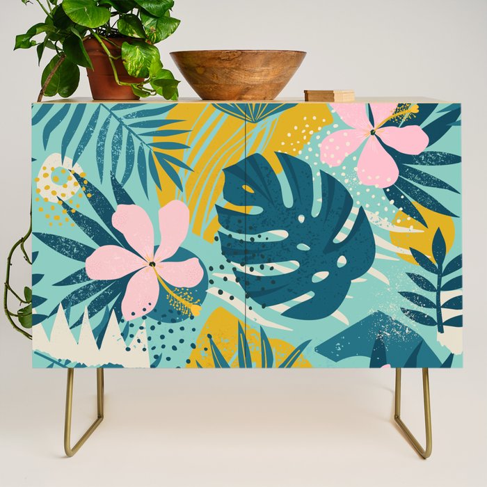 Tropical geometric flowers and plants on turquoise background Credenza Gallery Image 1