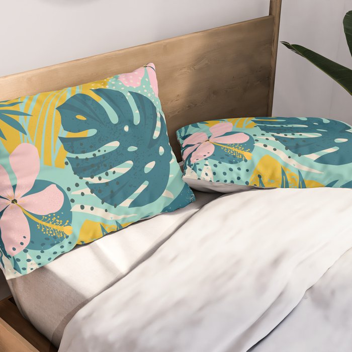 Tropical geometric flowers and plants on turquoise background Pillow Sham Gallery Image 2