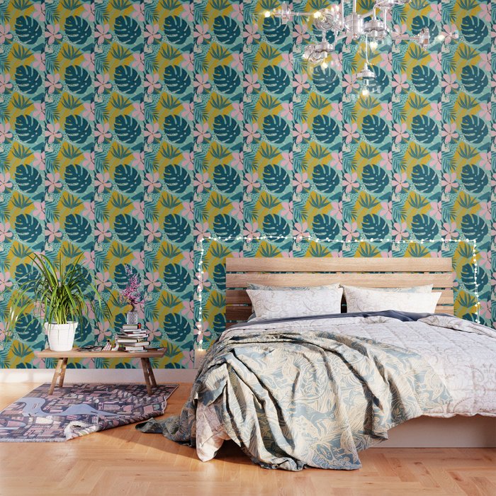 Tropical geometric flowers and plants on turquoise background Wallpaper Gallery Image 3
