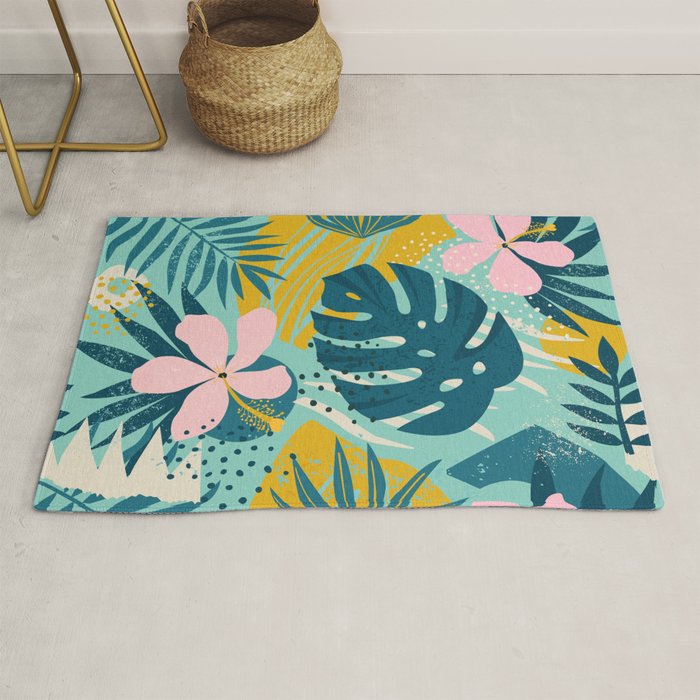 Tropical geometric flowers and plants on turquoise background Rug Gallery Image 1