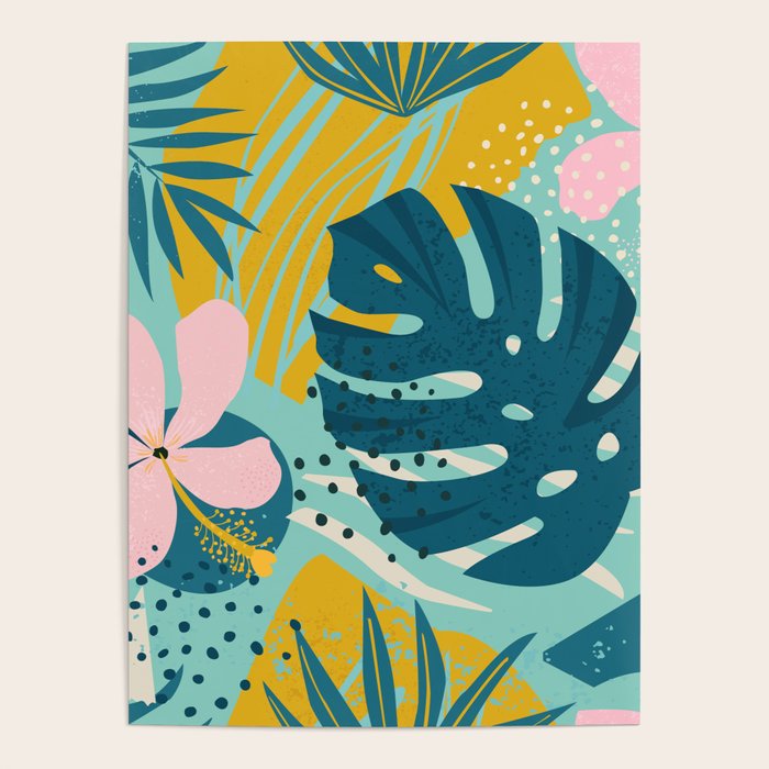 Tropical geometric flowers and plants on turquoise background Poster Gallery Image 4