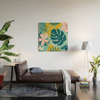Tropical geometric flowers and plants on turquoise background Wood Wall Art Gallery Image 2