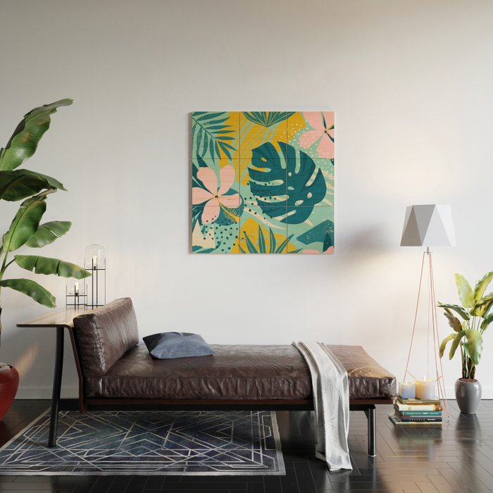 Tropical geometric flowers and plants on turquoise background Wood Wall Art Gallery Image 2