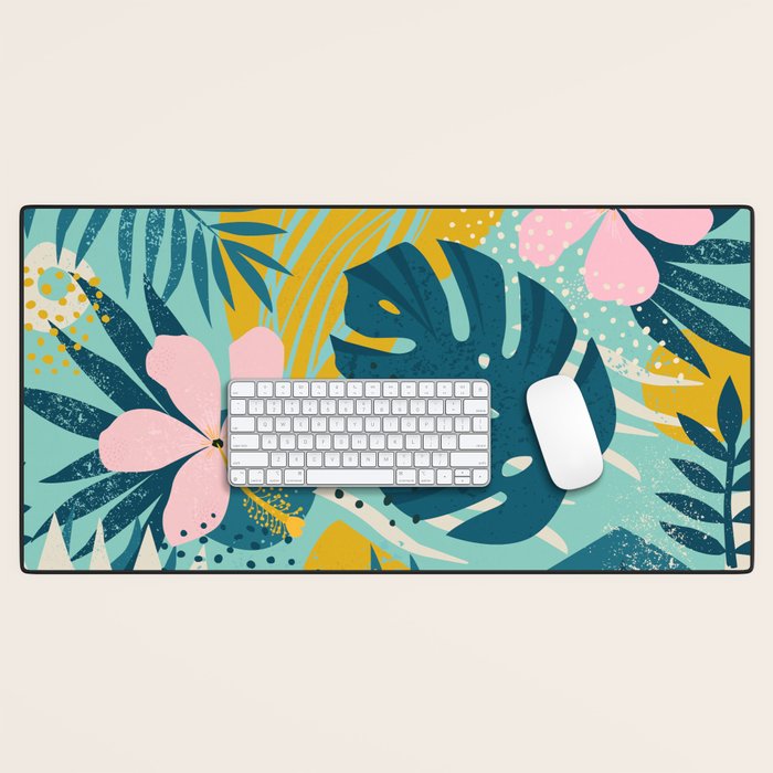 Tropical geometric flowers and plants on turquoise background Desk Mat Gallery Image 1