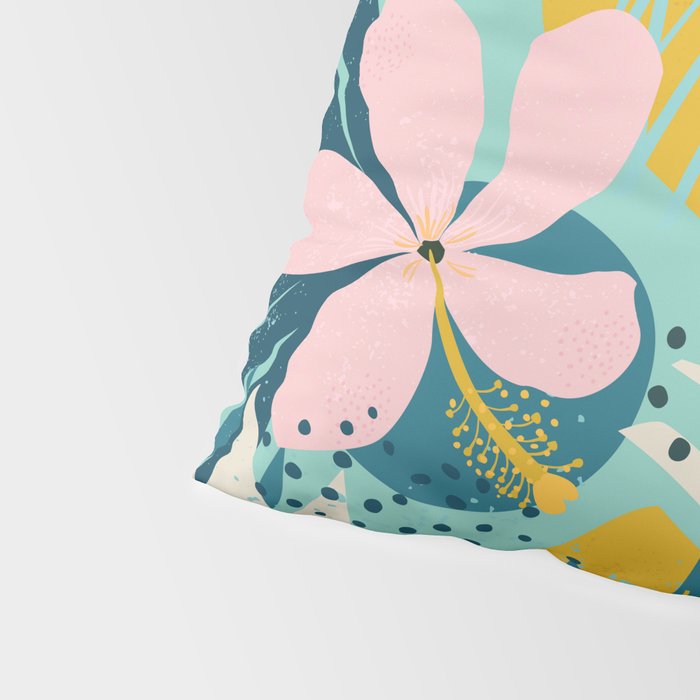 Tropical geometric flowers and plants on turquoise background Pillow Sham Gallery Image 4