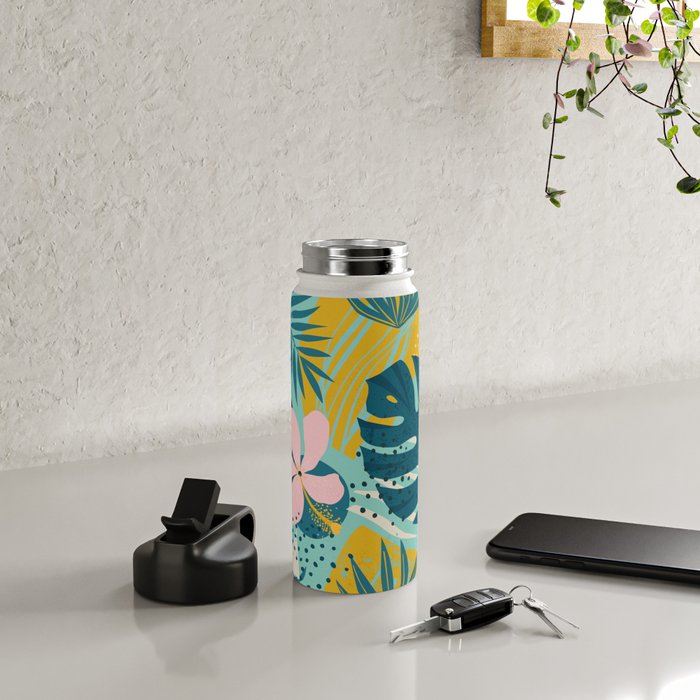 Tropical geometric flowers and plants on turquoise background Water Bottle Gallery Image 4