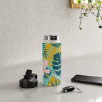 Tropical geometric flowers and plants on turquoise background Water Bottle Gallery Image 4