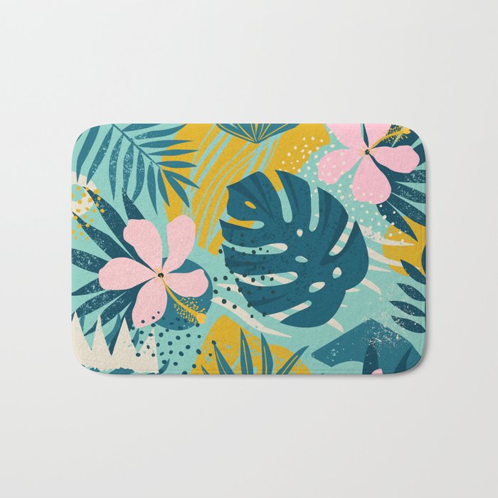 Tropical geometric flowers and plants on turquoise background Bath Mat Gallery Image 1