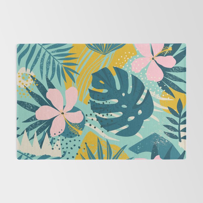 Tropical geometric flowers and plants on turquoise background Rug Gallery Image 2