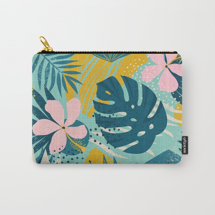 Tropical geometric flowers and plants on turquoise background Carry All Pouch Gallery Image 1
