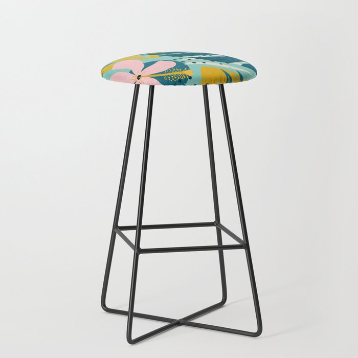 Tropical geometric flowers and plants on turquoise background Stool Gallery Image 1