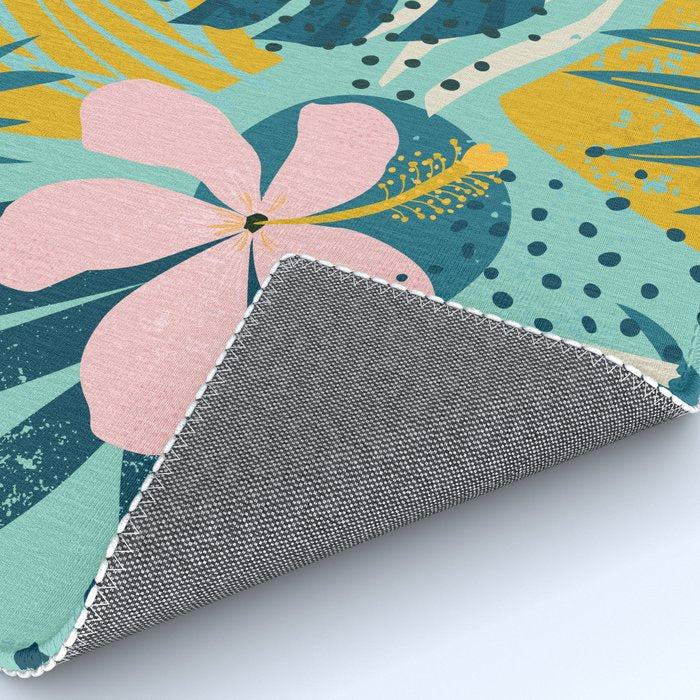 Tropical geometric flowers and plants on turquoise background Rug Gallery Image 4