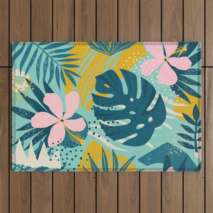 Tropical geometric flowers and plants on turquoise background Outdoor Rug Gallery Image 1