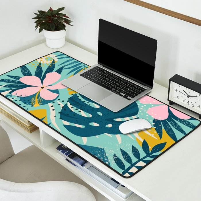Tropical geometric flowers and plants on turquoise background Desk Mat Gallery Image 2