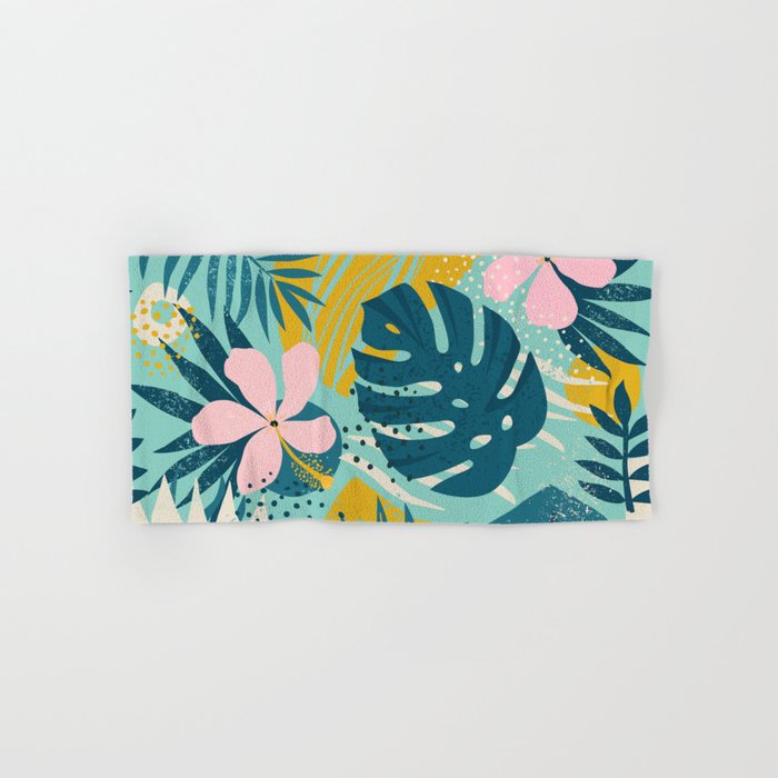 Tropical geometric flowers and plants on turquoise background Bath Towel Gallery Image 1