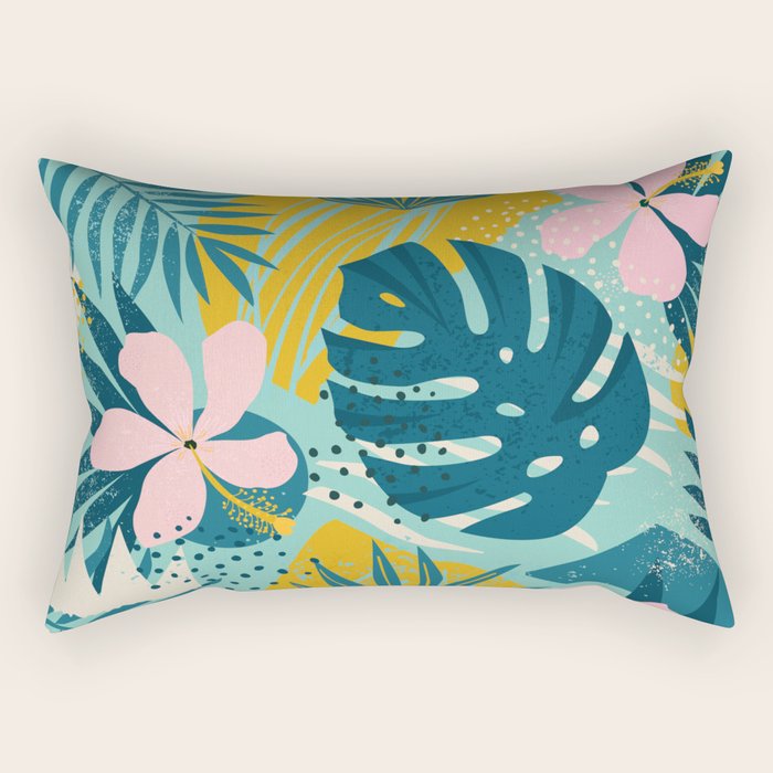 Tropical geometric flowers and plants on turquoise background Rectangular Pillow Gallery Image 2