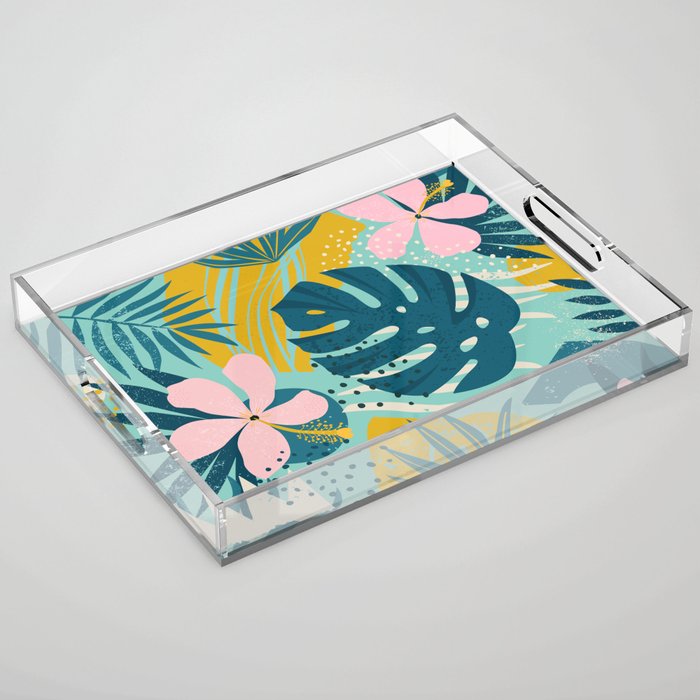 Tropical geometric flowers and plants on turquoise background Acrylic Tray Gallery Image 1
