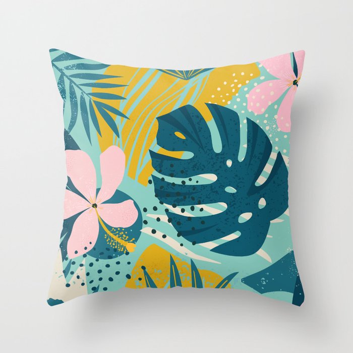 Tropical geometric flowers and plants on turquoise background Throw Pillow Gallery Image 6