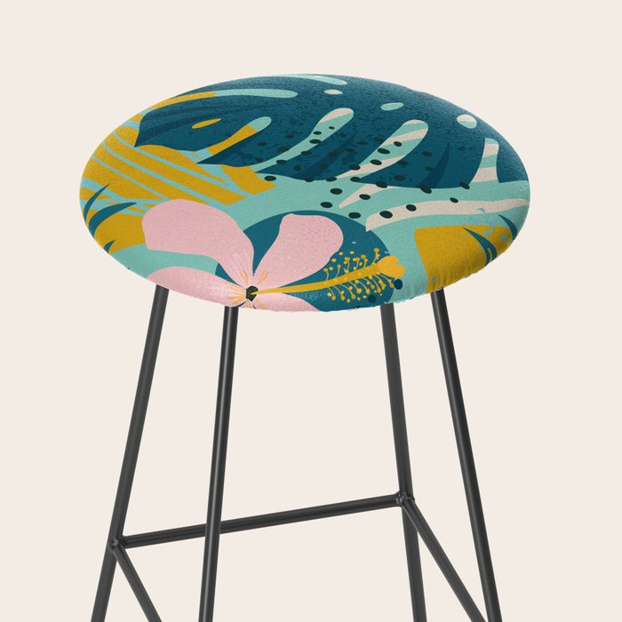 Tropical geometric flowers and plants on turquoise background Stool Gallery Image 2