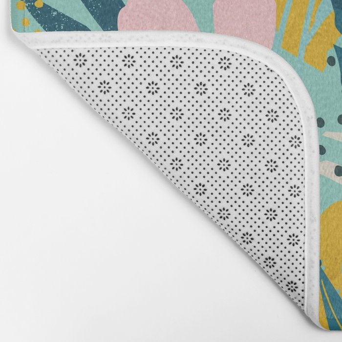 Tropical geometric flowers and plants on turquoise background Bath Mat Gallery Image 2