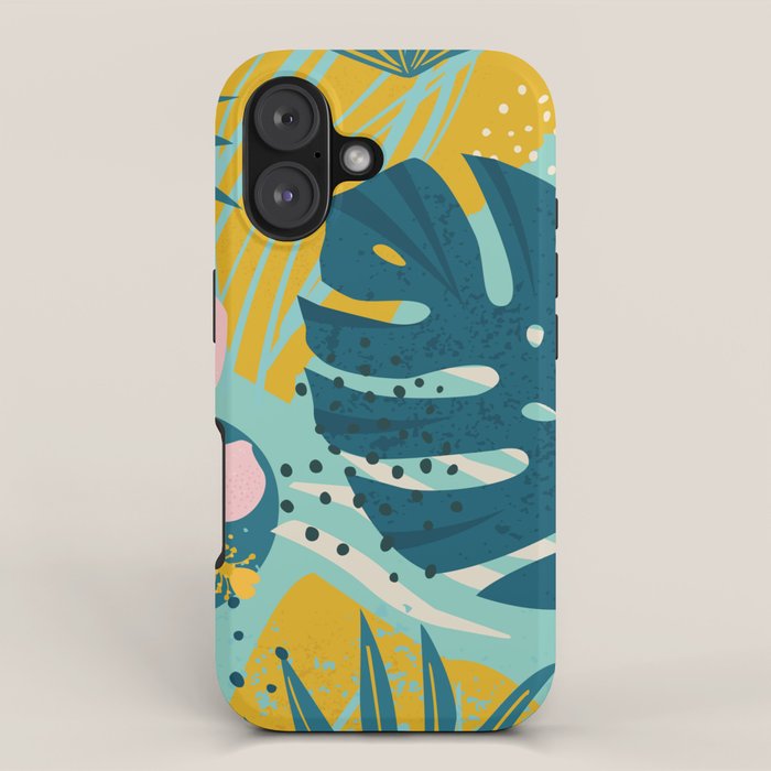 Tropical geometric flowers and plants on turquoise background iPhone Case Gallery Image 1