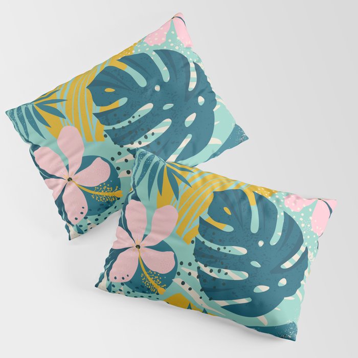 Tropical geometric flowers and plants on turquoise background Pillow Sham Gallery Image 1