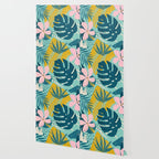 Tropical geometric flowers and plants on turquoise background Wallpaper Gallery Image 2