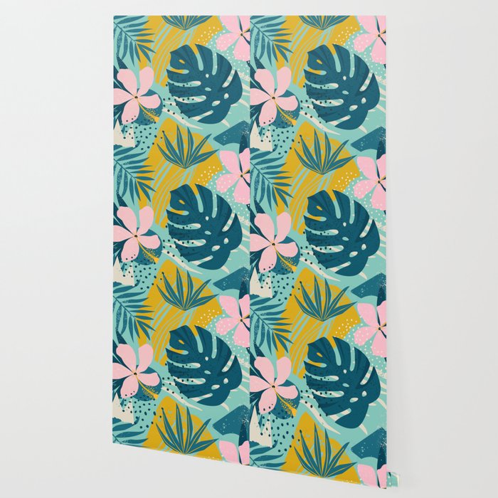 Tropical geometric flowers and plants on turquoise background Wallpaper Gallery Image 2
