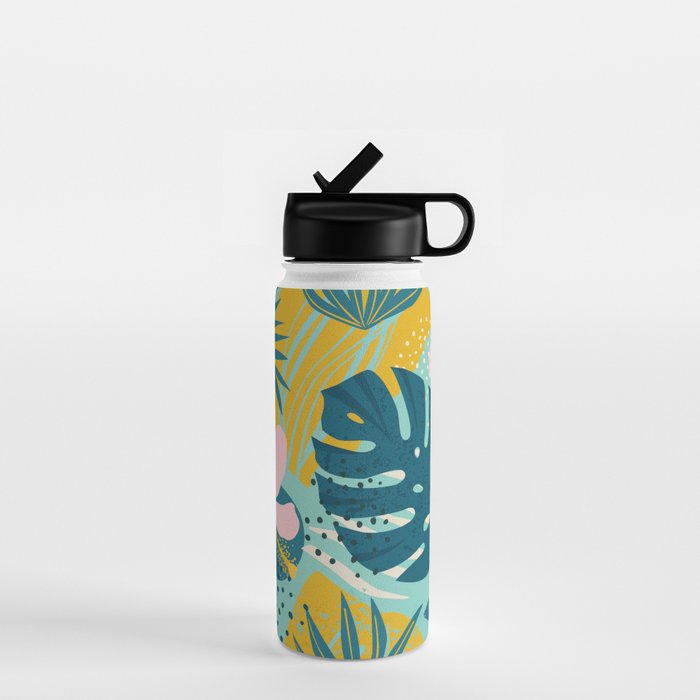 Tropical geometric flowers and plants on turquoise background Water Bottle Gallery Image 1