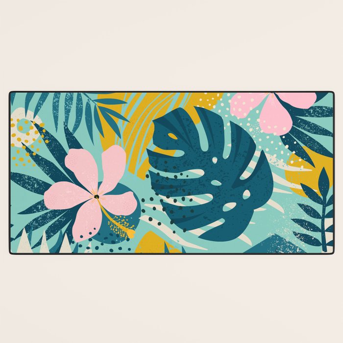 Tropical geometric flowers and plants on turquoise background Desk Mat Gallery Image 3