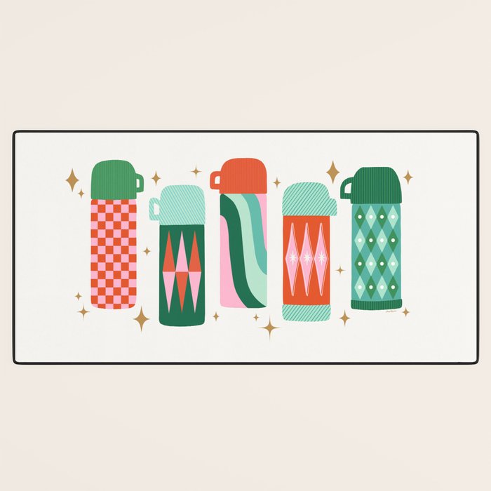 Retro Christmas Thermoses Red Pink and Green on White Desk Mat Gallery Image 3