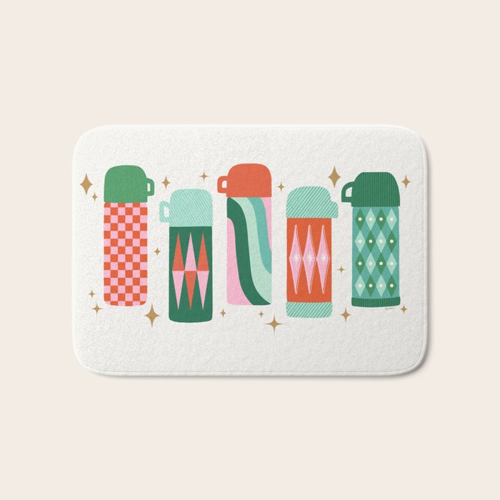 Retro Christmas Thermoses Red Pink and Green on White Bath Mat Gallery Image 1