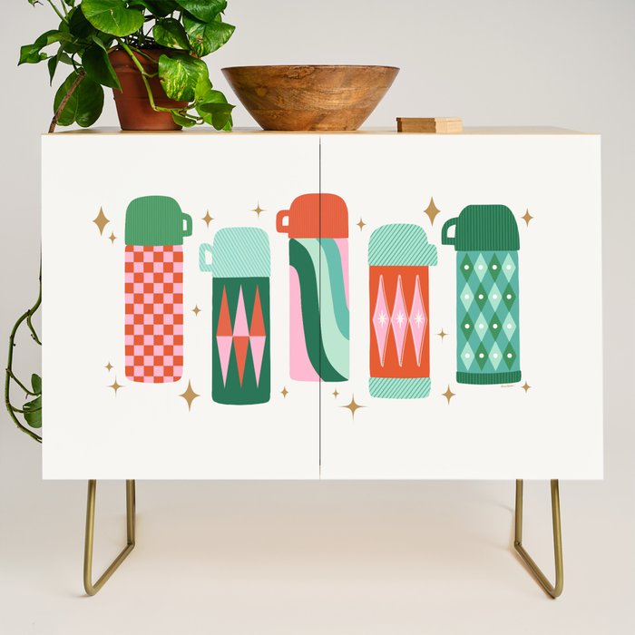 Retro Christmas Thermoses Red Pink and Green on White Credenza Gallery Image 1