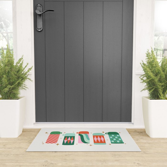 Retro Christmas Thermoses Red Pink and Green on White Welcome Mat Gallery Image 3