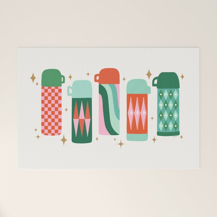 Retro Christmas Thermoses Red Pink and Green on White Welcome Mat Gallery Image 1