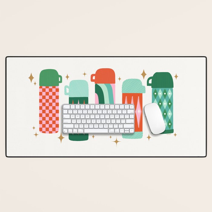 Retro Christmas Thermoses Red Pink and Green on White Desk Mat Gallery Image 1