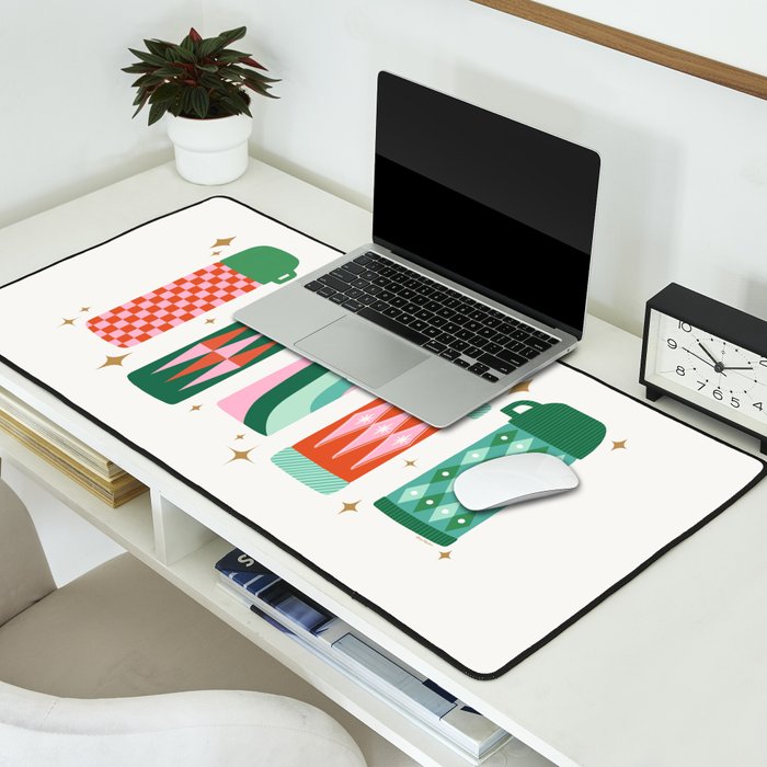 Retro Christmas Thermoses Red Pink and Green on White Desk Mat Gallery Image 2